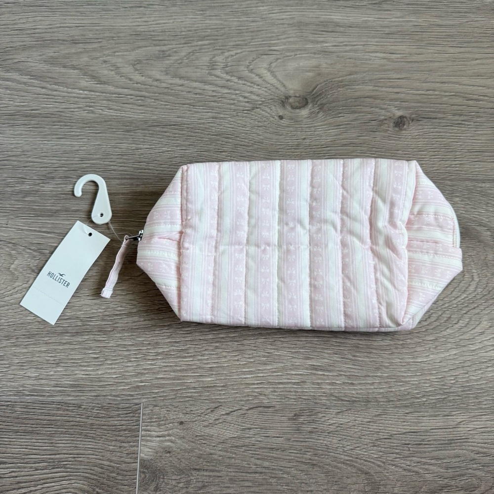 🆕 Hollister Striped Pink & White Bows Cosmetic Makeup Bag Pouch